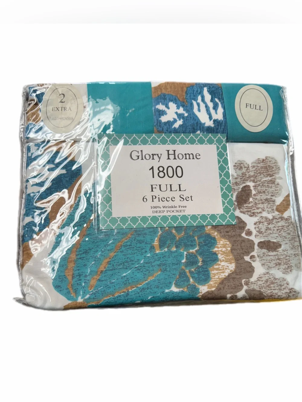 Glory Home 6 piece Full set Sheets style 1095 Teal & Brown NWT